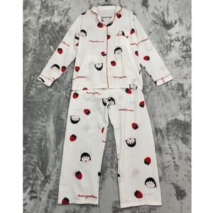 Pajama Set Womens 4 White Red Strawberry Button Front Long Sleeve Two Piece
